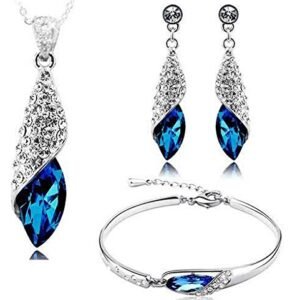 Om Jewells Combo of Crystal Blue Exquisite Rhodium Plated Pendant Necklace Set and Bracelet for Women