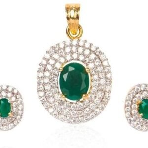 American Diamond Exquisite Oval Green Ruby Gemstone with Gold Plating Pendant set without chain along with earrings for Women and Girls