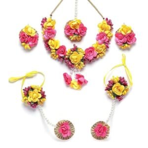 Craftsai Exports Artificial Flower Yellow Pink Jewelry Set for Haldi Mehndi – Handmade Floral Necklace, Earrings, Maang Tikka – Bridal Pre-Wedding Accessories