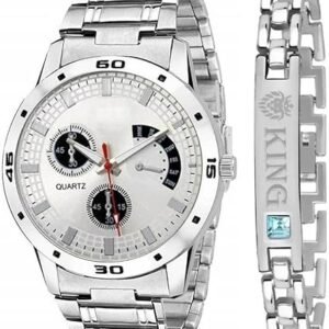 Analog Watch for Men Stylish Combo of Silver Aveo Dial Stainless Steel Watch and King Bracelet
