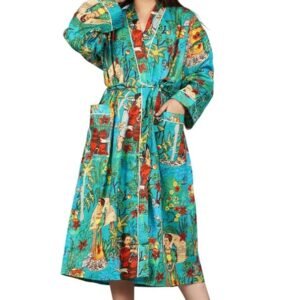 BOHEKANT Stylish Women Cotton Kimono Nightwear Kaftan Nighty, Printed Maxi Gown, Colorful Designs Comfortable Bathrobe, Elegant Nightgown Dress for Relaxation and Sleep 014 (Versatile, Multi-Purpose)