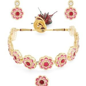 ZAVERI PEARLS Pink Meenakri Flowers Kundan Necklace Earring & Ring Set For Women-ZPFK13203