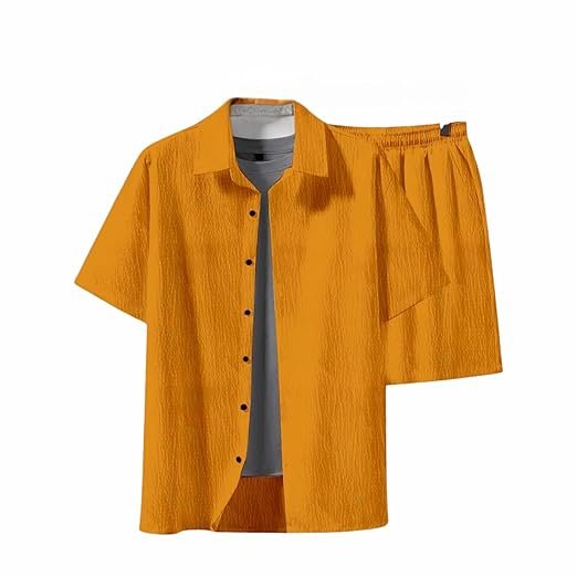 COMBRAIDED MiraMichi Regular Size Men's Solid Night Suit Set - Cotton Blend Fabric, Comfortable and Stylish (Yellow, X-Large)