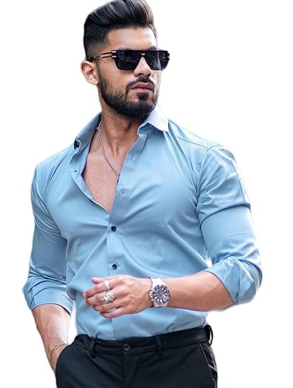 IndoPrimo Men's Satin Shirt with Spread Collar Neck Line Solid Pattern Full Sleeves Regular Fit Western Style and Standard Length