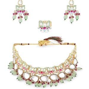 ZAVERI PEARLS Green & Pink Meenakari Lotus Kundan Necklace Earring & Ring Set For Women-ZPFK15197