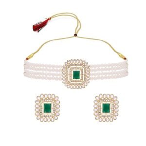 Brado Jewellery Gold Plated Classic Stone and AD Studded Pearl Choker Design Traditional Stylish Fancy Pearl Necklace Jewelry Set for Women and Girls