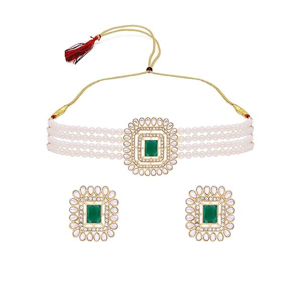 Brado Jewellery Gold Plated Classic Stone and AD Studded Pearl Choker Design Traditional Stylish Fancy Pearl Necklace Jewelry Set for Women and Girls
