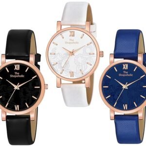 The Shopoholic Leather Analog Black White Blue Dial Combo Ladies Watches Watch For Womens And Girls Pack Of 3