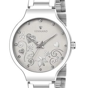 EDINARO Gorgeous Analogue Round Studded Dial Watches for Women and Ladies Watch with Stainless Steel Adjustable Bracelet Strap with Double Lock Clasp Watches for Girls