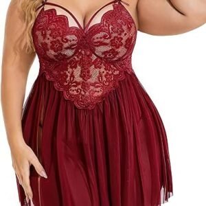 LUVREENA Plus Size Lingerie Lace Babydoll Womens Strap Chemise Nightgown V Neck Nighty Mesh Sleepwear Side Slit Nightdress with G-Sting Panty