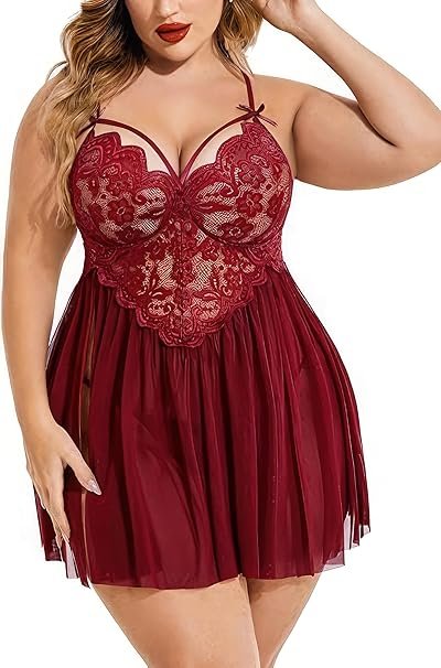 LUVREENA Plus Size Lingerie Lace Babydoll Womens Strap Chemise Nightgown V Neck Nighty Mesh Sleepwear Side Slit Nightdress with G-Sting Panty