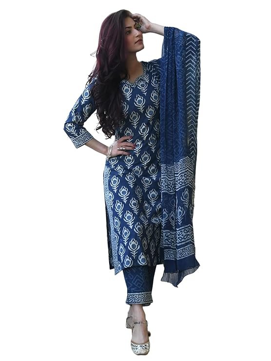Pinkmint Indigo Printed Kurta Set for Women ll Kurta Pant & Dupatta Suit Set