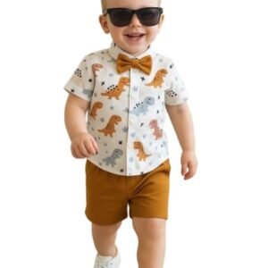 DURJA FASHION Stylish Baby Boy Cotton Blend Lycra Shirt & Shorts Set with Bow Tie – Dinosaur Print Combo Dress for Baby Boys – Printed Shirt & Shorts Outfit