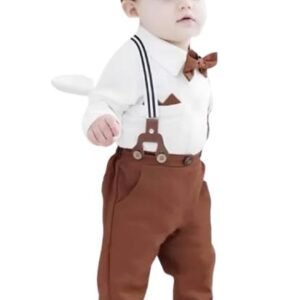 DURJA FASHION Boys Kids Formal Dungaree Outfit Set – 5-Piece Party Dress with Khaki Trousers, White Shirt, Suspenders, Bow Tie & Cap | Baby Boy