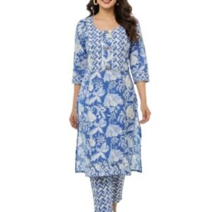 Blue and White Block Print Kurta and Pant Set for Women