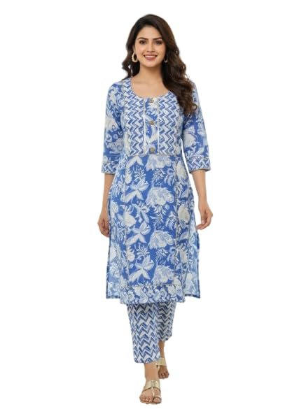 Blue and White Block Print Kurta and Pant Set for Women