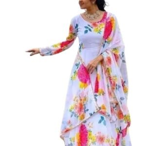 Women's Georgette Round Neack Full Sleave Kurti Pant with Dupatta Set (White) - BOFSR_001-WT