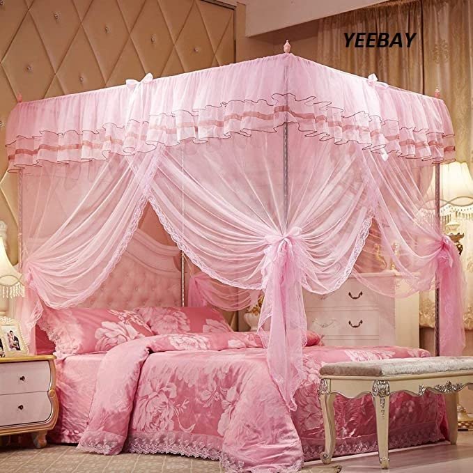 YEEBAY 4 Corners Post Canopy Bed Curtain for Childrens & Adults, Princess Bedroom Decoration, Royal Luxurious Cozy Netting, Cute Princess Bedroom (86" W*78" L*82" H/(Suggested for King), Pink)