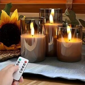 TECPHILE Flameless LED Candles with Remote Controller and Timer, Acrylic Fiber Glass, Set of 3 Smoked Grey Candles for Home Decor, Room Decorations, Festival and Gifting and for Decoration