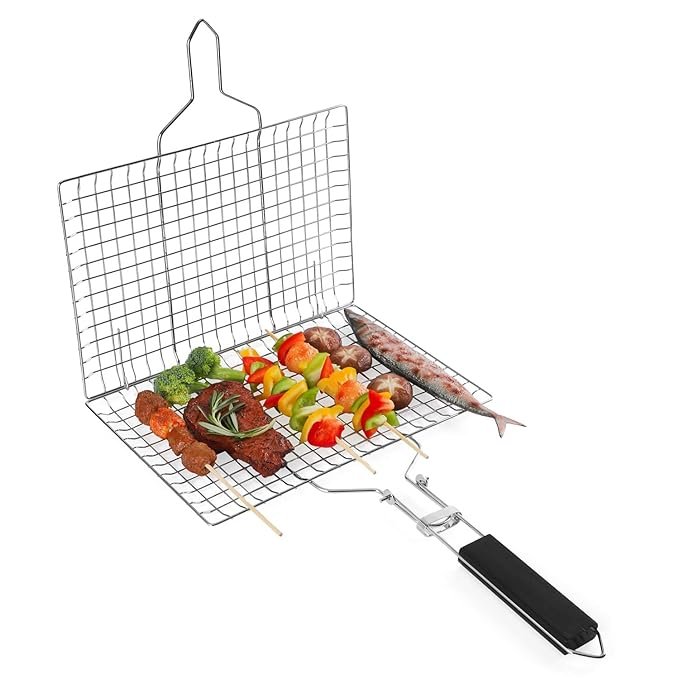 Tesony Grill Basket for Outdoor Grill, Stainless Steel Grilling Baskets with Foldable Handle, Portable Grilling Rack with Carry Bag Camping Cooking BBQ Griller Accessories for Fish, Meat, Vegetables