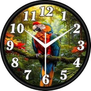 ADVENTURE CREATION Wall Clock with Vibrant Parrot in Tropical Jungle Silent Movement Nature-Inspired Designer Art Decor for Living Room Office Bedroom