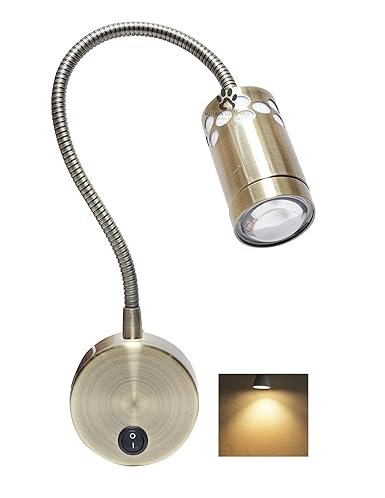 Mufasa 3 Watts Antique Brass LED Bedside Wall Light Surface Mounted Spotlight Reading Light Night Lamp 28Cm Gooseneck with 3 Step Light (White,Warm White and Natural White) (Pack of 1)