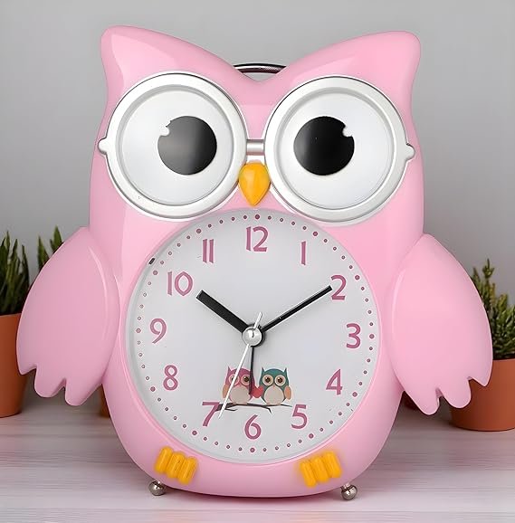 De'rons Twin Bell Analog Table Alarm Clock with Backlight for Heavy Sleepers Loud Alarm Clock for Students Funny Cute Owl Cartoon Shape Alarm Clock for Kids Girls Boys Bedroom 14.5 x 15 cm (Pink)