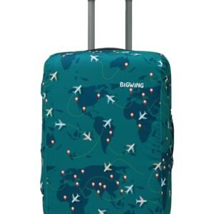 BIGWING Protective Cover in Polyester Fabric with Map Print for | 24' Inch 65 cm Medium Size | Hard Luggage Trolley Bag Cover (Fits Only On Fiber - Plastic Trolley Bag) Turquoise Color