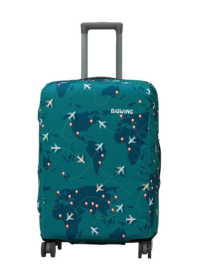 BIGWING Protective Cover in Polyester Fabric with Map Print for | 24' Inch 65 cm Medium Size | Hard Luggage Trolley Bag Cover (Fits Only On Fiber - Plastic Trolley Bag) Turquoise Color