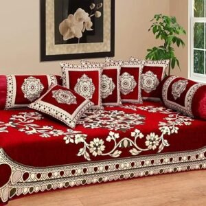 Fresh From Loom Velvet Floral 500 TC Diwan Set Red - 1 Single Bedsheet with 2 Bolster Covers and 5 Cushion Covers (8pc Set)
