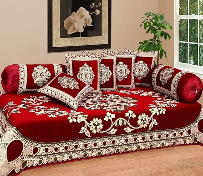 Fresh From Loom Velvet Floral 500 TC Diwan Set Red - 1 Single Bedsheet with 2 Bolster Covers and 5 Cushion Covers (8pc Set)