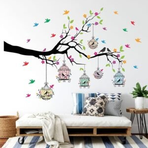 Sticker Yard PVC Vinyl Tree and Flowers Branch Leaves Self-Adhesive Wall Sticker for Home Decor/Decoration - Living Room, Bedroom, Kids Room (Multicolor, Size: 127X84 cms)