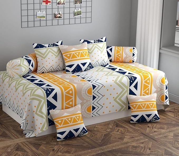 DECOR DEAL Heavy Cotton 8 Pieces Diwan Set ||1 Single Bedsheet, 2 Bolster Covers, 5 Cushion Covers || Mandala,Multicolour