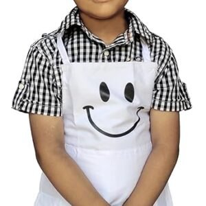 Switchon Kids Smiley Print Waterproof Cooking Apron with 2 Pockets & Chef Cap | Adjustable Bib Style | Polyester | School & Home Use | Made in India