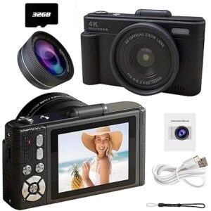 4K Digital Camera for Photography & Vlogging Includes Large Lens, 32G SD Card, 64MP AF Auto Focus, 18X Zoom, 180° Flip Screen with Mirror (Black)