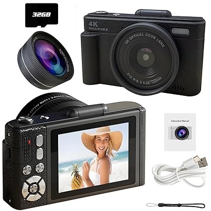 4K Digital Camera for Photography & Vlogging Includes Large Lens, 32G SD Card, 64MP AF Auto Focus, 18X Zoom, 180° Flip Screen with Mirror (Black)