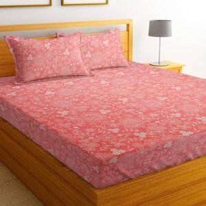 BSB HOME 100% Cotton Feel Flat Double Bedsheets with 2 King Size Pillow Covers | Double Bed Breathable | Wrinklefree | Ultrasoft 180 TC Supersoft |90 x 100 Inches | Pink Flower