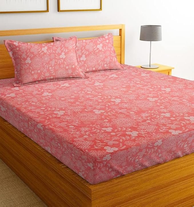 BSB HOME 100% Cotton Feel Flat Double Bedsheets with 2 King Size Pillow Covers | Double Bed Breathable | Wrinklefree | Ultrasoft 180 TC Supersoft |90 x 100 Inches | Pink Flower
