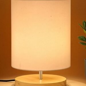 Homesake® Small Pine LED Table Lamp-Wooden Bedside Lamp Simple Bedroom Light Linen Shade Mini Desk Lamp Nightstand Lamps for Bedroom, Living Room, Gift, (Khadi Cylinder)