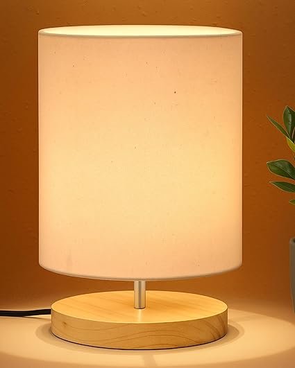 Homesake® Small Pine LED Table Lamp-Wooden Bedside Lamp Simple Bedroom Light Linen Shade Mini Desk Lamp Nightstand Lamps for Bedroom, Living Room, Gift, (Khadi Cylinder)