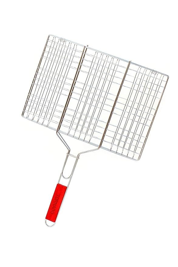 CREDSYStainless Steel BBQ Grill Basket – Portable Roast & Grilling Tray with Wooden Handle | Non-Stick Mesh Net for Barbecue, Outdoor Cooking, Picnic & Camping