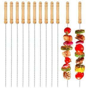 Bhuma 12 Pieces Stainless Steel Barbeque Sticks, Reusable BBQ Grilling Sticks for Outdoor Camping Barbecue Cooking Tools (Set of 1) (12 PCS) (Wood Colour)