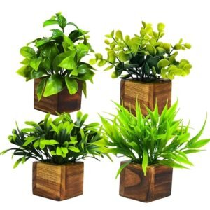 Decorebugs Artificial Potted Plants in Wooden Pot (4 Pack) Eucalyptus Plants Small Plants for Home Decor | Office Decor |DB-8149