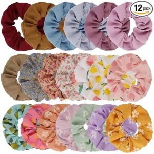 HONEY ACCESSORIES 12 Pcs Multicolor Chiffon Flower Hair Scrunchies - Scrunchies for Women & Girls - Colorful Floral Hair Ties & Bows - Bobbles & Ponytail Holders