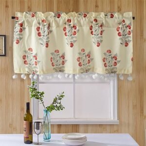 Ravaiyaa - Attitude is everything Hand Printed Half Window Kitchen Curtain 1% Cotton Short Drapery Valance Curtain 4" X 18" Inch(Beige Brown Floral,Washable,Pack Of 1),Semi Sheer,Rod pocket curtains