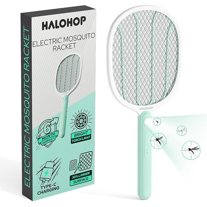Halohop Mosquito Bat with Torch Light, 30% Bigger Mosquito Killer Racket, Type C Rechargeable Electric Fly Swatter for Indoor and Outdoor, Mosquito Racket with 6 Month Warranty