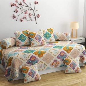 CHHILAKIYA Diwan Set Covers Cotton 8 Pieces Pure Cotton Designer Printed Standard Diwan Set (1 Single Bedsheet, 2 Bolster Covers, 5 Cushion Covers) (Coffee)