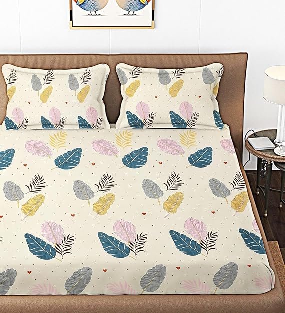 BSB HOME 100% Cotton Feel Double Bed Bedsheet Set | 144 TC Soft & Breathable | Cream Leaf Print with 2 Pillow Covers | Wrinkle Free | for Bedroom & Gifting (90 x 90 Inches)