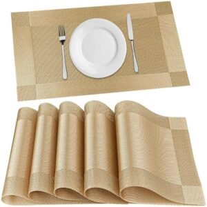 P-Plus International Placemats Set of 6 Dining Table Place Mats | Placemats Table Mat PVC Material | Non-Slip Heat Resistant | Dining Tablemates Washable Anti-Skid | Size 45 x 30cm (Gold) Vinyl