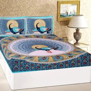 RajasthaniKart® Pure 100% Cotton Double Bed Sheet with 2 Pillow Covers (Bedsheet for Double Bed Cotton, Green More Jaipuri, King Size,731)